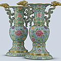 A magnificent and very rare pair of large Imperial Famille Rose <b>Beijing</b> <b>enamel</b> gu-shaped vases, Yongzheng blue-enamelled four-ch