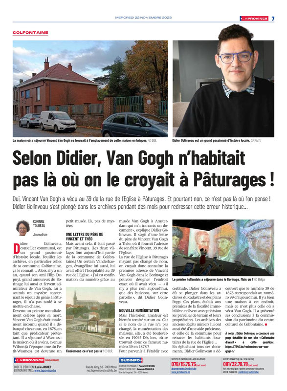 Van Gogh in Pâturages - article La Province 2023