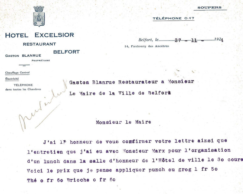 1924 11 27 Courrier Hôtel Excelsior au Maire R