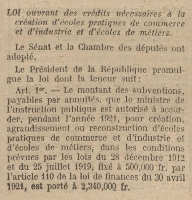 1922 01 14 JO Décret Subvention Ecole pratique Belfort p3R1