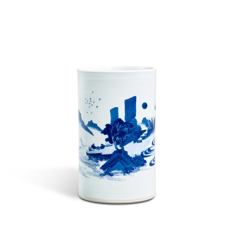 A blue and white 'landscape' brushpot, Late Ming - early Qing dynasty