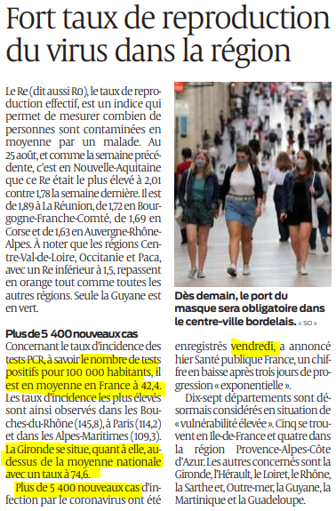 2020 08 30 SO Fort taux de reproduction du virus dans la région