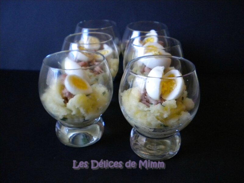 Ecrasé de pommes de terre, crevettes grises et œuf de caille (mise en bouche) 3