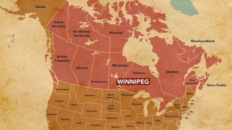 Winnipeg sur la carte de l'Amérique du nord