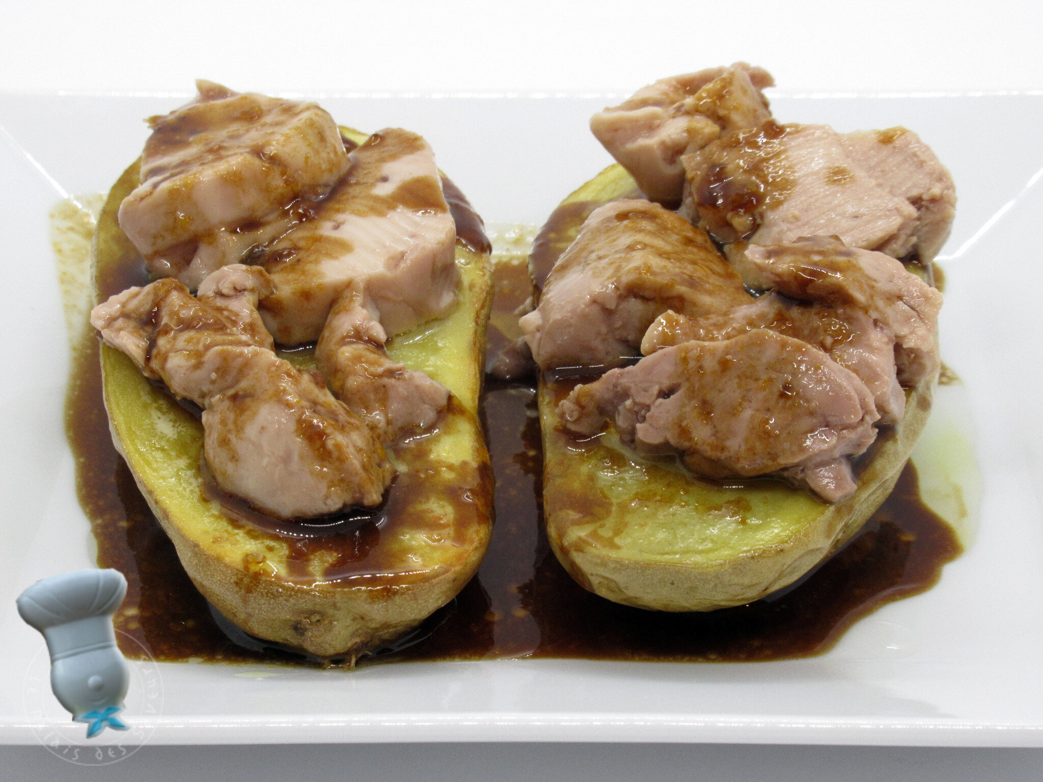 Pomme de terre rôtie au foie de morue, sauce à l'orange et balsamique