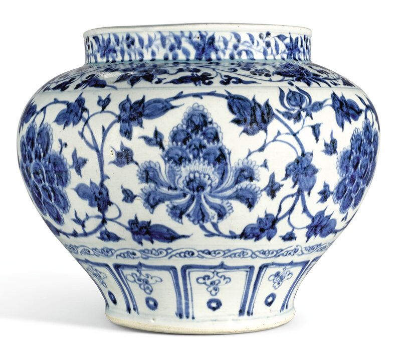 A large blue and white 'peony' jar, Yuan dynasty (1279-1368)