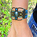 <b>Bracelet</b> manchette bohême femme , bijoux festival micro-macramé bleu, tribal chic 