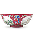 A fine famille rose ruby-sgraffiato-ground 'medallion' bowl, <b>Daoguang</b> <b>seal</b> <b>mark</b> <b>and</b> <b>of</b> <b>the</b> <b>period</b> (<b>1821</b>-<b>1850</b>)