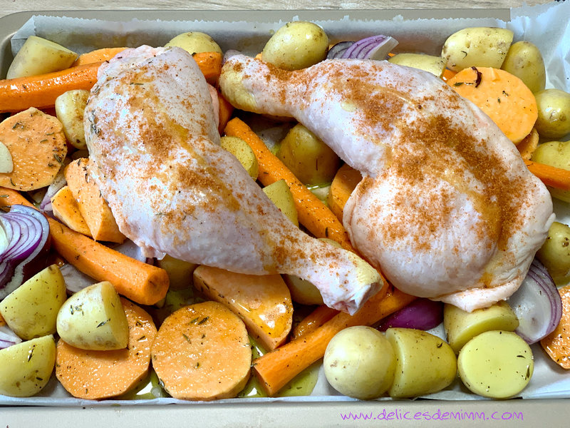 Cuisses de poulet et légumes au four
