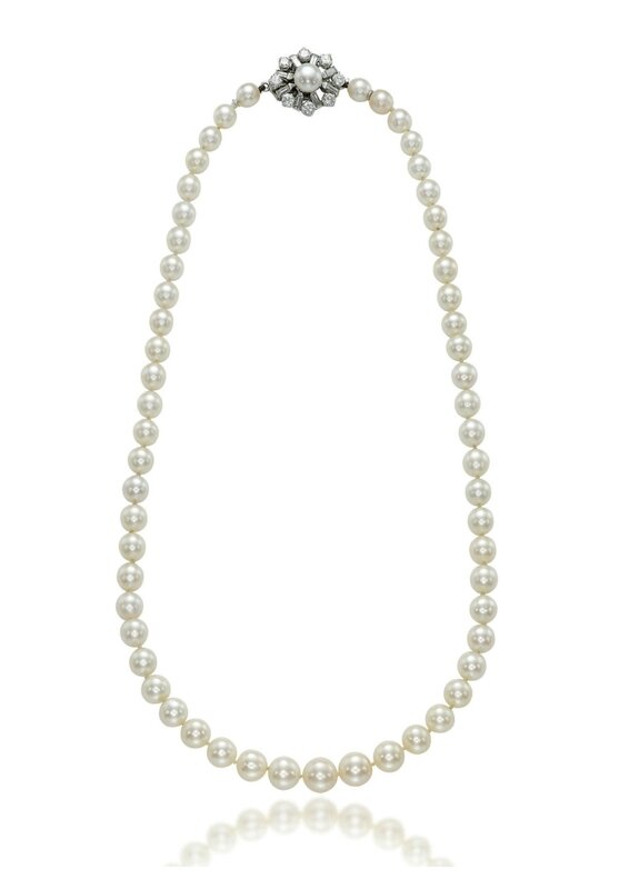 A single-strand natural pearl and diamond necklace