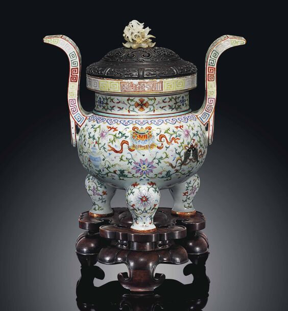 A famille rose tripod censer and cover, Qianlong six-character seal mark in iron-red and of the period (1736-1795) 