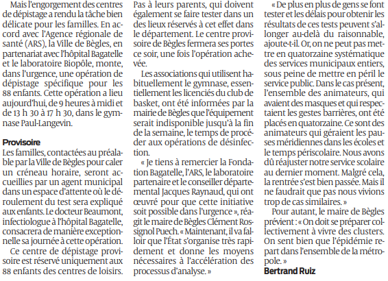 2020 09 03 SO Bègles 88 enfants doivent être testés après un acs de Covid-192