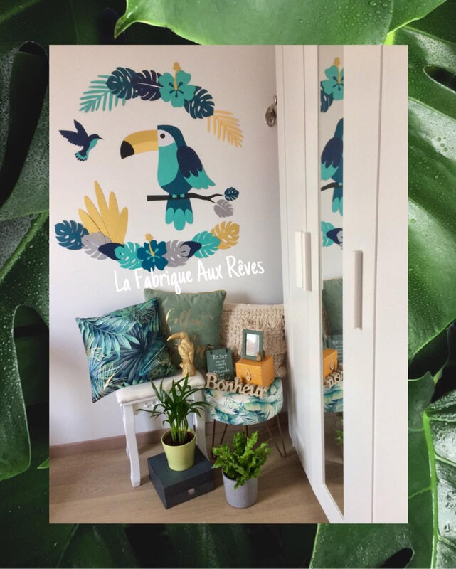 stickers chambre enfant bébé tropical toucan colibri monstera turquoise moutarde gris pétrole jaune