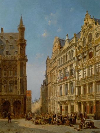Carabain_Jacques_Francois_Many_Figures_at_An_Auction_on_the_Grande_Place_in_Brussels_Oil_on_Canvas-large