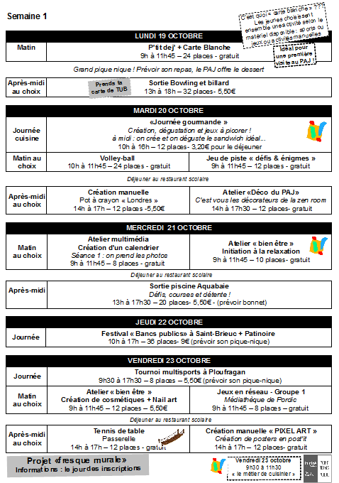 PAJ VACANCES OCTOBRE 2015 SEMAINE 1