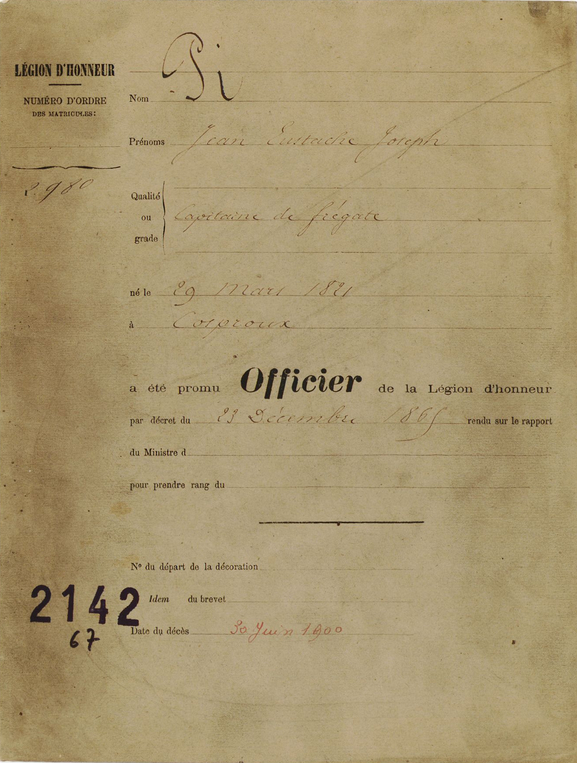La fiche de Chevalier de PI Jacques, le 23-12-1865, Archives Nationales, Série LH, Dossier 2142/67