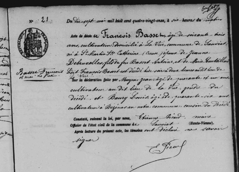 + BASSET Francois 1891 sauviat sur vige