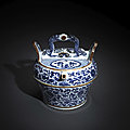 A rare blue and white porcelain <b>lotus</b> wine ewer and cover, 17th century