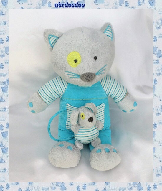 Doudou Peluche Chat Gris Salopette Bleu Avec Souris Rayures Obaibi