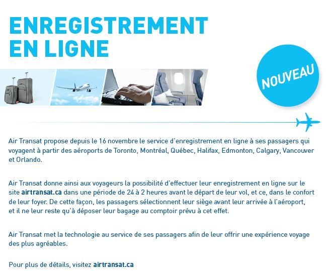 Enregistrement en ligne chez Air Transat ! Agent de voyages
