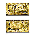 A pair of rectangular <b>Ordos</b> gilt-bronze plaques each depicting a Yak, Early Western Han dynasty, ca. 2nd century BC