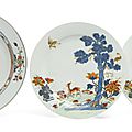 A pair of Chinese Export porcelain <b>rose</b>-<b>imari</b> 'Longevity' dishes and a Chinese Export porcelain famille-verte dish, Kangxi perio