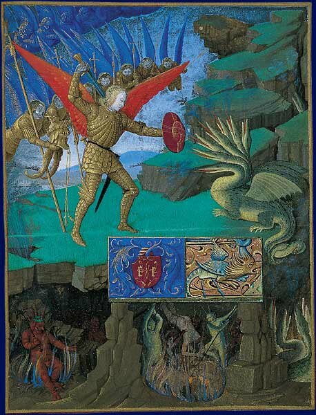 Saint Michel combattant le dragon, enluminure d'un livre liturgique au Moyen Age