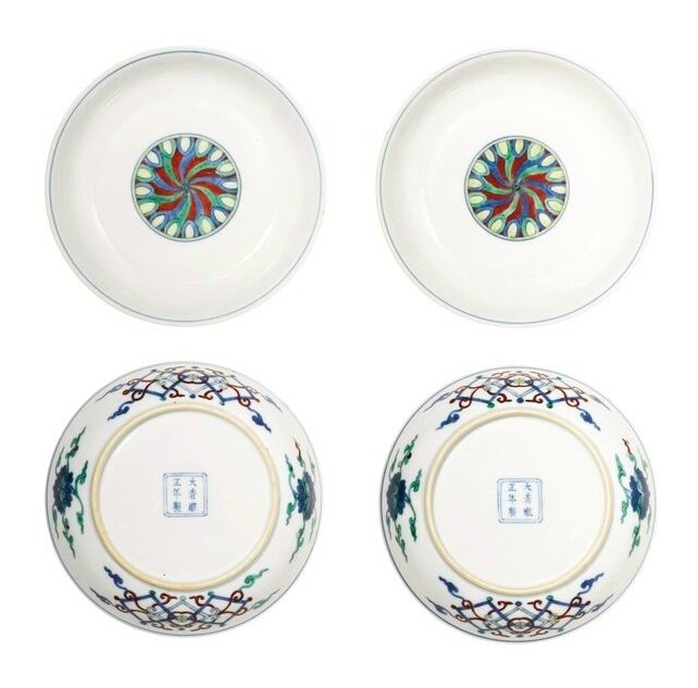 A pair of rare doucai dishes, Yongzheng marks and period (1723-1735)