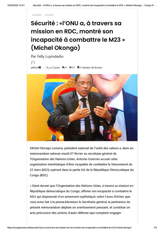 Sécurité _ «l’ONU a, à travers sa mission en RDC, montré son incapacité à combattre le M23 » (Michel Okongo)  - Congo Presse-page-001