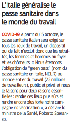 2021 09 17 SO L'Italie généralise le passe sanitaire dans le monde du travail