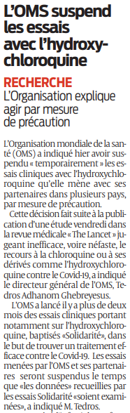 2020 05 26 SO LOMS suspend les essais avec l'hydroxychloroquine