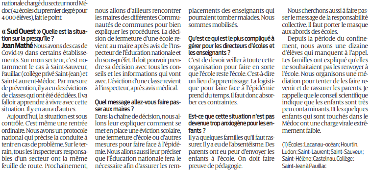 2020 09 16 SO Ecoles la situation est sous contrôle2