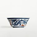 An unusual blue <b>and</b> white 'Dragon' bowl with red clouds, <b>mark</b> <b>and</b> <b>period</b> <b>of</b> <b>Zhengde</b> (<b>1506</b>-<b>1521</b>)