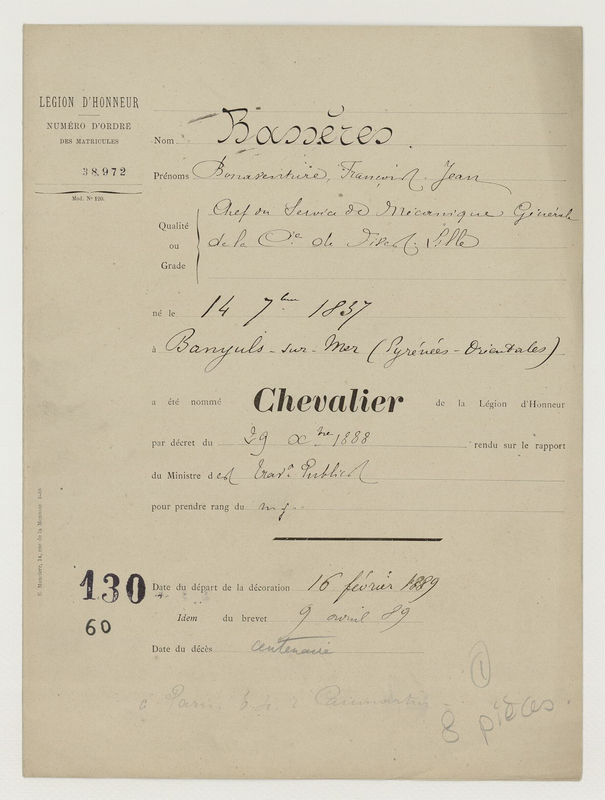 Fiche du Chevalier BASSERES Bonaventure, le 29-12-1888, Archives Nationales, Série LH, Dossier 130/60