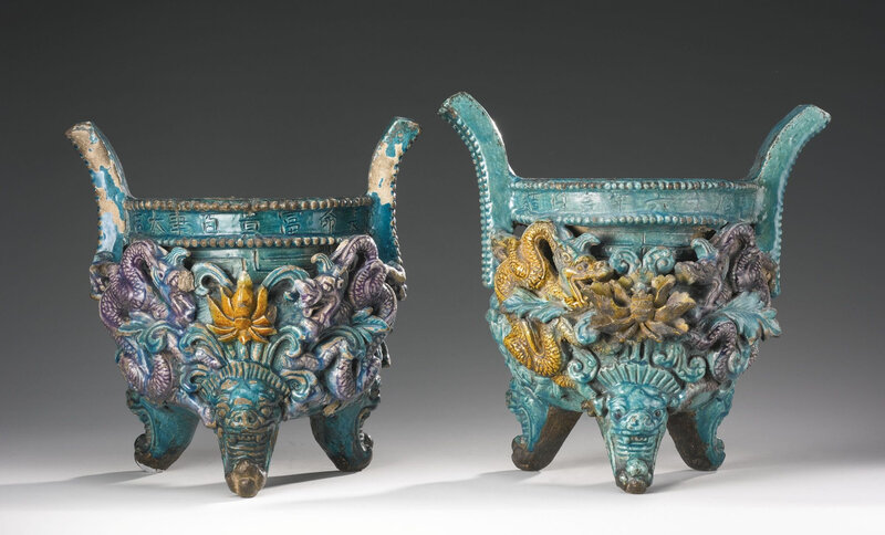 Two large Fahua 'Dragon' censers, Wanli mark and period (1573-1619)