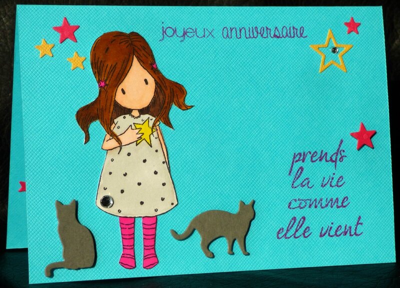 carte d'anniversaire avec fillettes et chatons