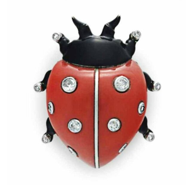 A coral, diamond and black enamel ladybug brooch, by Cartier