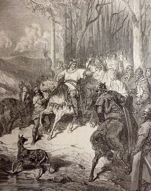 lors de la Bataille de Vouillé une biche indique un passage à gué sur la Vienne à Clovis Illustration de Gustave Doré (1880)