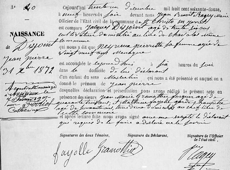 acte de naissance Jean Desjoint, 1872