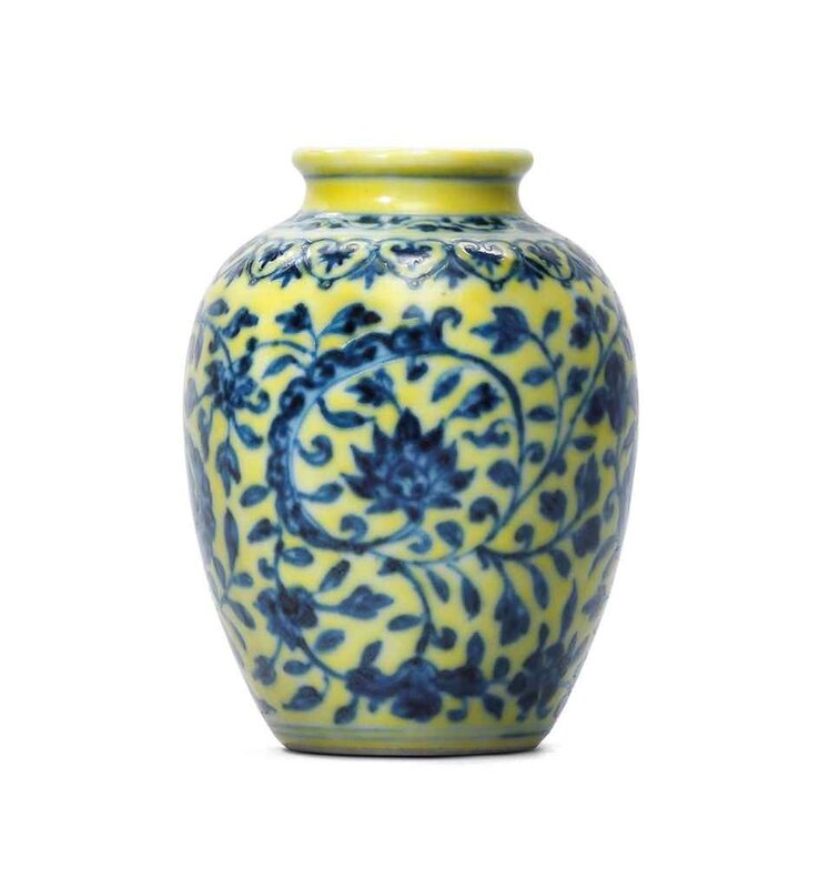 A yellow-ground blue and white ‘lotus’ jarlet, Yongzheng six-character mark in underglaze blue within a double circle and of the period (1723-1735)