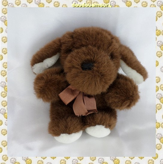 Doudou Peluche Chien Assis Marron Blanc Noeud Satin