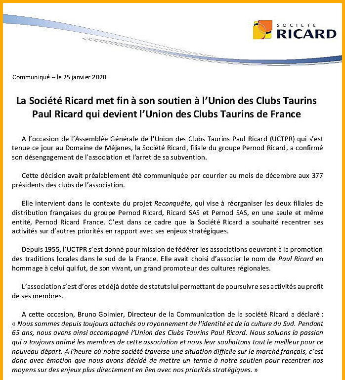 2020 01 25 - La Société Ricard met fin à son soutien à l’Union des Clubs Taurins Paul Ricard qui devient l’Union des Clubs Taurins de France