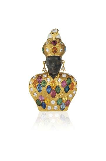 Nardi, A Gold, Diamond, Cultured Pearl and Multi-Color Sapphire Blackamoor Brooch