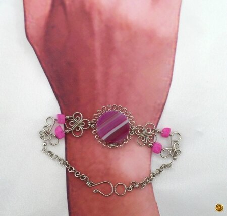 Bracelet Ethnique Pierre Semi Précieuse Quatrz Rose Argent d'Alpaca Artisanat du Pérou