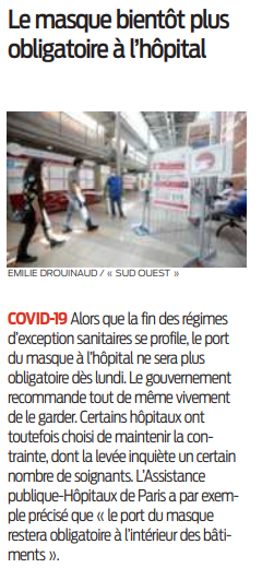 2022 07 29 SO Le masque bietôt plus obligatoire à l'hôpital