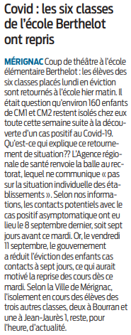 2020 09 16 SO Mérignac six classes ont repris