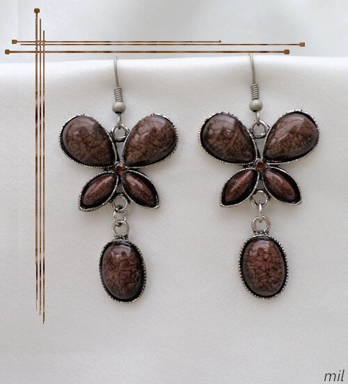 Boucles d'oreilles Style Tibétain Papillon Gawa Perle Et Strass Marron Argent du Tibet