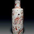 A large famille verte, <b>iron</b>-<b>red</b> <b>and</b> <b>gilt</b>-<b>decorated</b> rouleau vase, Kangxi period (1662-1722)
