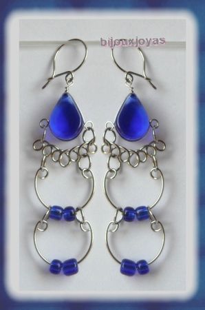 Boucles D'Oreilles Tamara Verre Murano Bleu Sapphire Métal Argenté Artisanat du Pérou