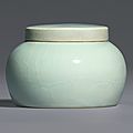 An Exceptionally Rare ‘Wintergreen’ Glazed <b>Jar</b> <b>and</b> <b>Cover</b>, Ming Dynasty, Yongle Period (1402-1425)